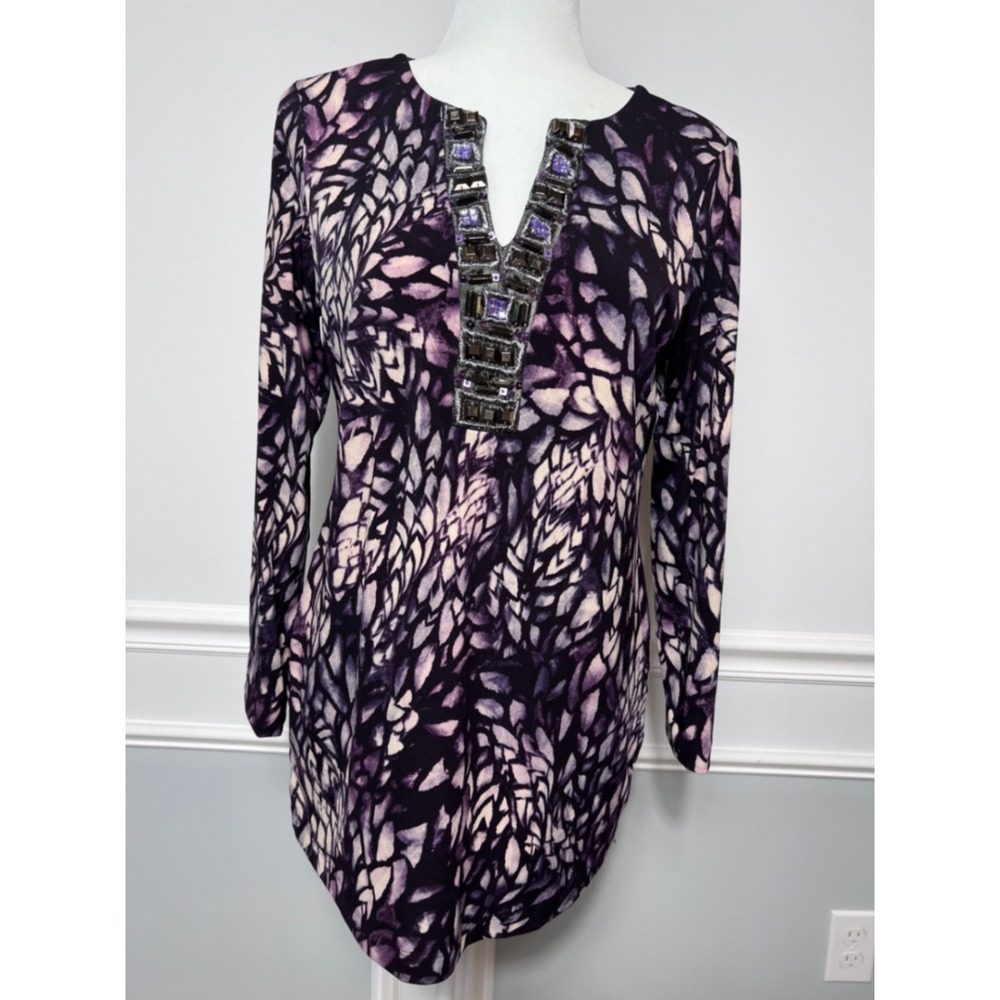 Chicos Purple Abstract Petal Print Beaded Neck Tunic Top Womens 1 M Long Sleeve